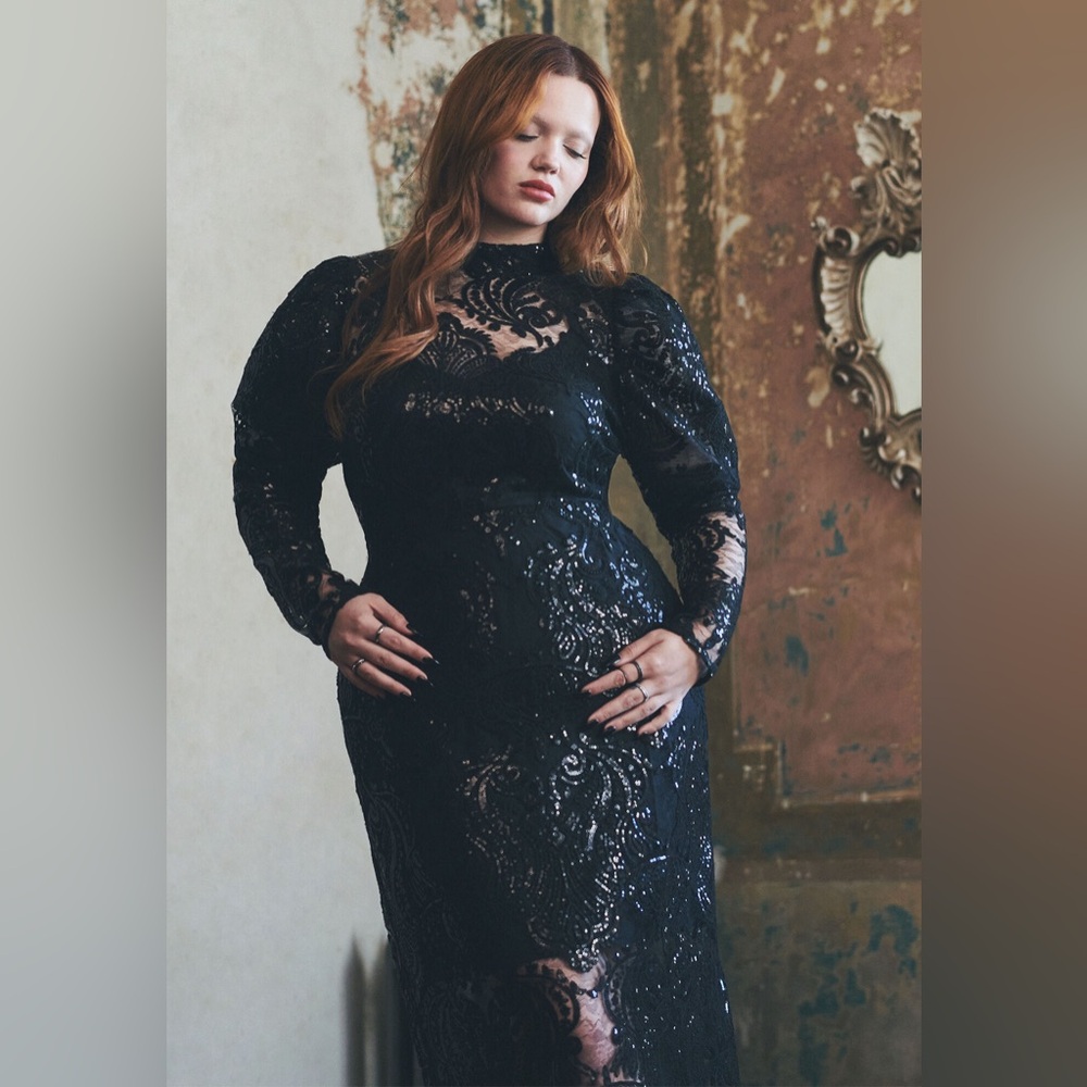 Size 20 Plus Size Elegant Black Lace Dress Sequins & Lace Maxi Length